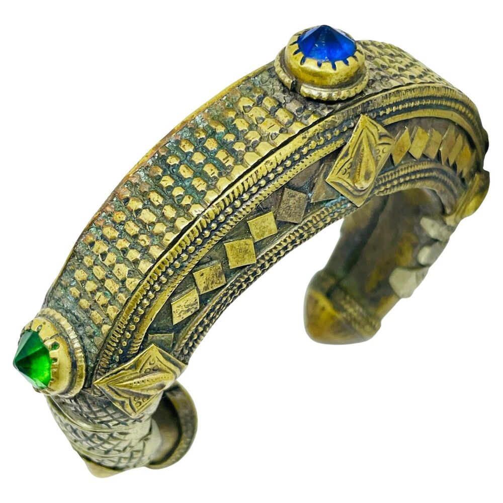 Old gold tone glass stones oriental cuff bracelet
